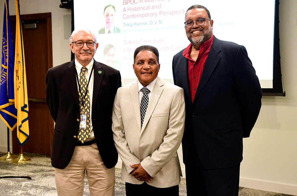 NIEHS Director Rick Woychik, Ph.D.; Juneteenth lecturer Tracy Hanner, D.V.M.; and Deputy Director Trevor Archer, Ph.D.