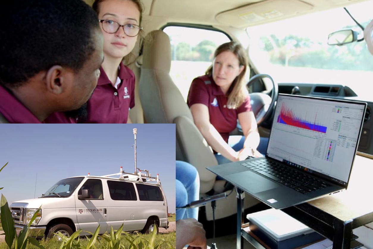 Texas A&M scientists use a mobile laboratory vehicle (bottom left) that can monitor air pollution in real time to rapidly track potential exposures associated with contamination events. From left to right, Toriq Mustapha, Matiana Saitas, and Natalie Johnson, Ph.D.