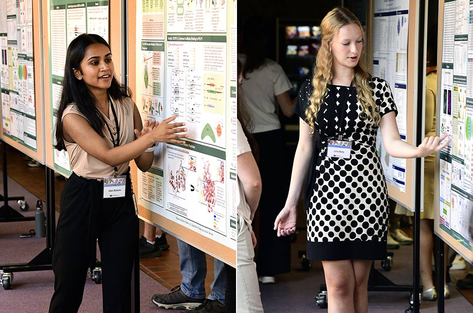 Summer interns Sami Bommu, left, and Julia Boltz, right, describe their projects.