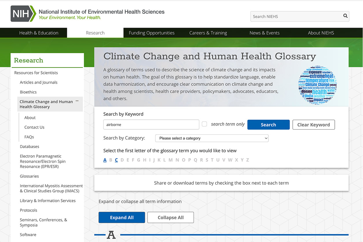 The glossary provides basic definitions, the use of each term in the climate-change context, and related terms users may also need to know. (Image courtesy of NIEHS)