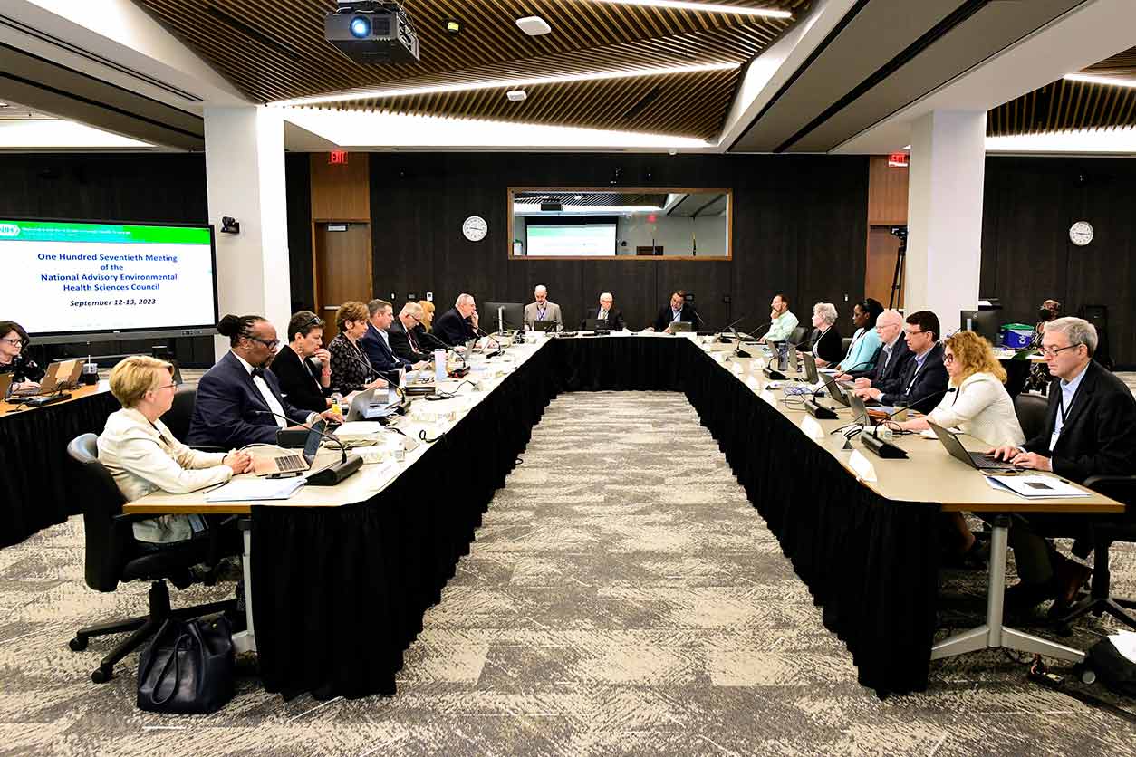 Members of the 170th meeting of the National Advisory Environmental Health Sciences Council took sitting at conference room tables Sept. 12-13