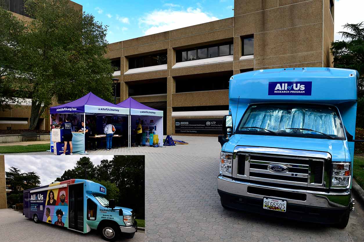 The All of Us Research Program bus was parked in front of the Rall Building Oct. 17-20 from 10:00 am to 4:00 pm daily. (Photo courtesy of Steve McCaw / NIEHS )