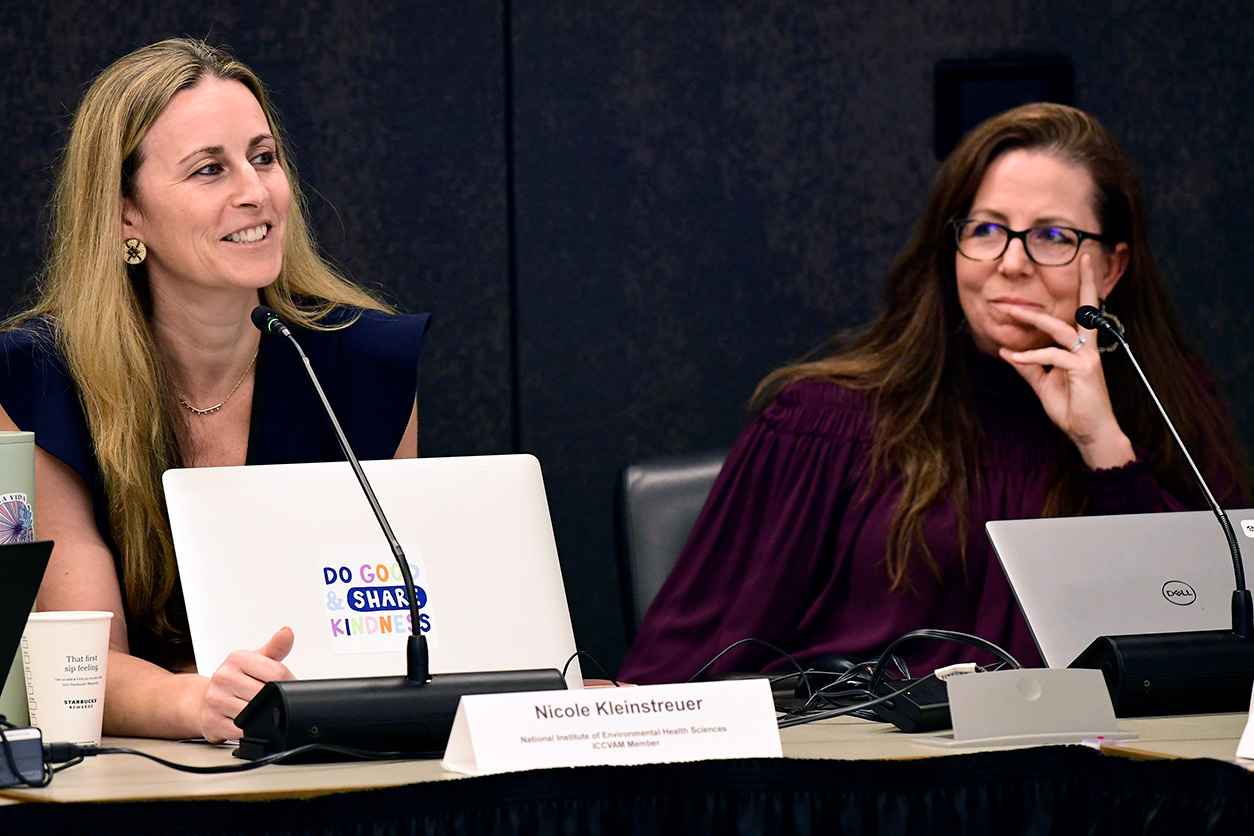 Nicole Kleinstreuer, Ph.D., left, and ICCVAM co-chair Anna Lowit, Ph.D., remark on the productivity of the in-person discussions.