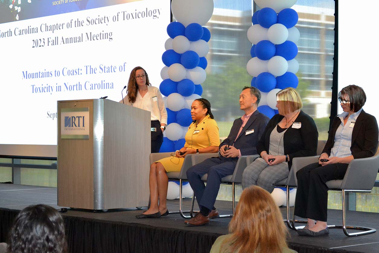 Gina Hilton, Ph.D., left, and panel members, from left to right, Crystal Lee Pow Jackson, Ph.D., John Bang, M.D., Ph.D.,Jamie DeWitt, Ph.D., and Frannie Nilsen, Ph.D.