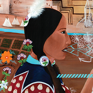 painted artwork by Zuni Pueblo artist Mallery Quetawk depicting a native american woman, flowers, horses, modern building, a rainbow and the sun rising behind a mountain