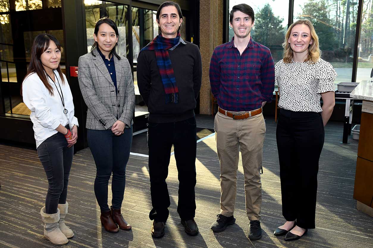 Left to right: Ru-Pin Alicia Chi, Ph.D.; Yu-Ying Chen, Ph.D.; Mert Icyuz, Ph.D.; Joe Breeyear, Ph.D.; and Taylor Cosey