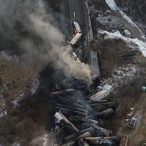 Aerial photograph of the Feb. 3 train derailment in East Palestine, Ohio.