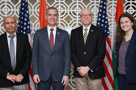 From left to right: Sri Nadadur, Ph.D., U.S. Ambassador Eric Garcetti, Rick Woychik, Ph.D., and Genessa Giorgi, Health Attaché at the U.S. Embassy in New Delhi. 