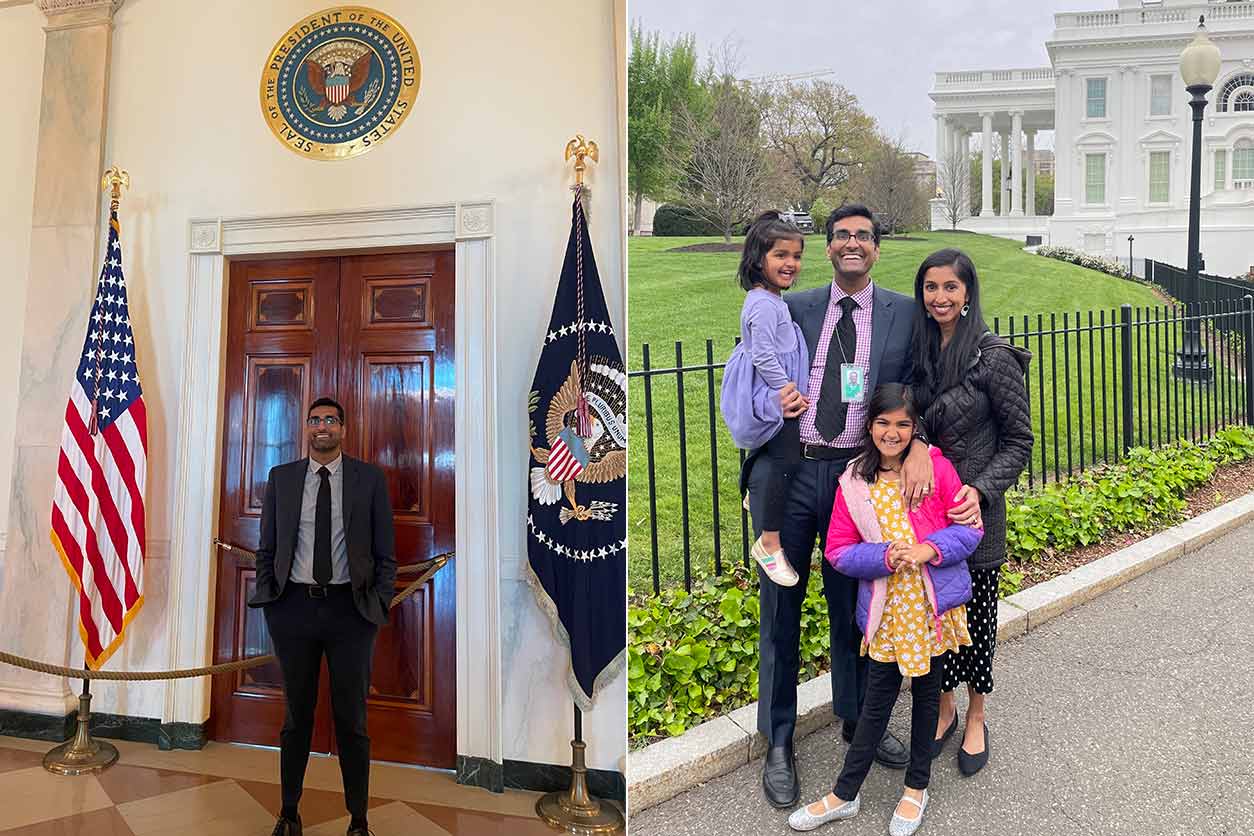 Suril Mehta, Dr.P.H., Mehta, left, with family, right, who visited the White House grounds during his one-year detail.