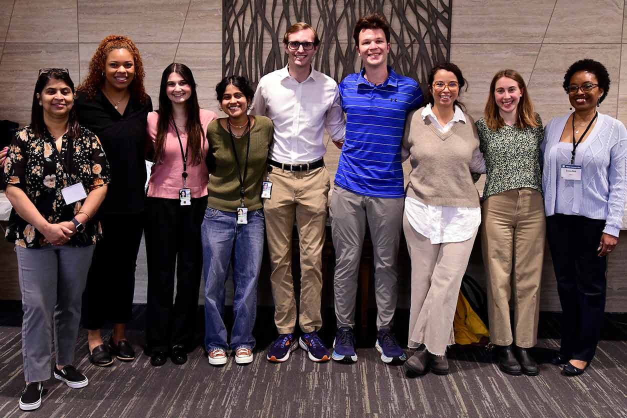 NIEHS Scholars Connect Program Spring 2024 Annual Symposium. From left to right: Suchandra Bhattacharjee, Ph.D., Giovonnii Nelson, Fiona Daly, Neha Palle, Alex Marchi, Justin Gutkowski, Noelle Rodriguez, Sarah Combs, and OSED Director Ericka Reid, Ph.D.