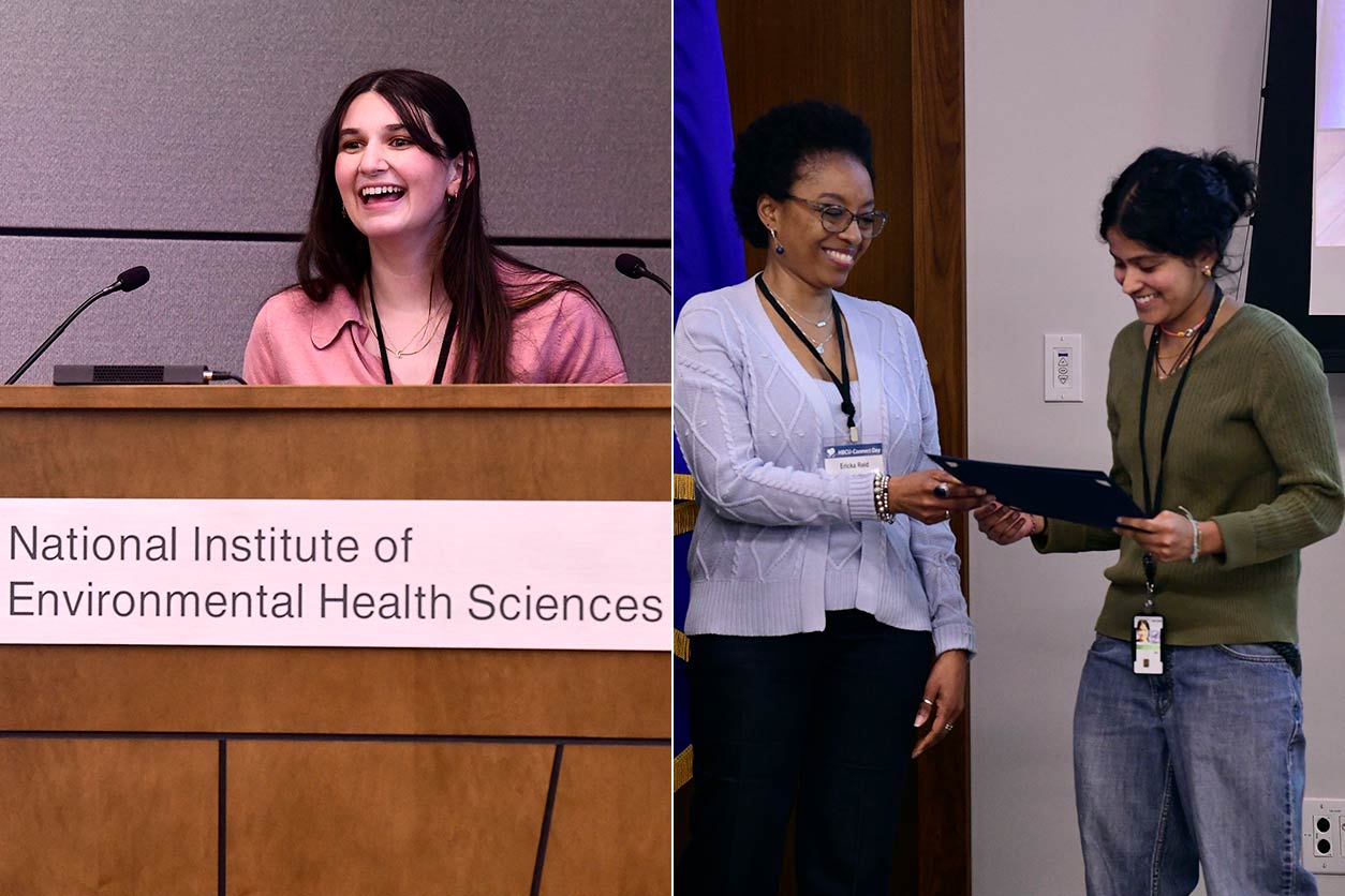 Fiona Daly, left, standing before a podium. Neha Palle, right, receiving the Outstanding Scholar Honorable Mention from Ericka Reid, Ph.D.