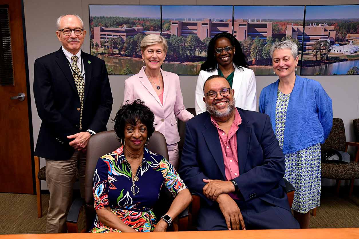 Rick Woychik, Ph.D., Deborah Ross, NIEHS Executive Officer J’Ingrid Mathis, and SCOPE Director Gwen Coleman, standing left to right, participated in discussions with Valerie Foushee, seated left, and NIEHS Deputy Director Trevor Archer, Ph.D., seated right. 