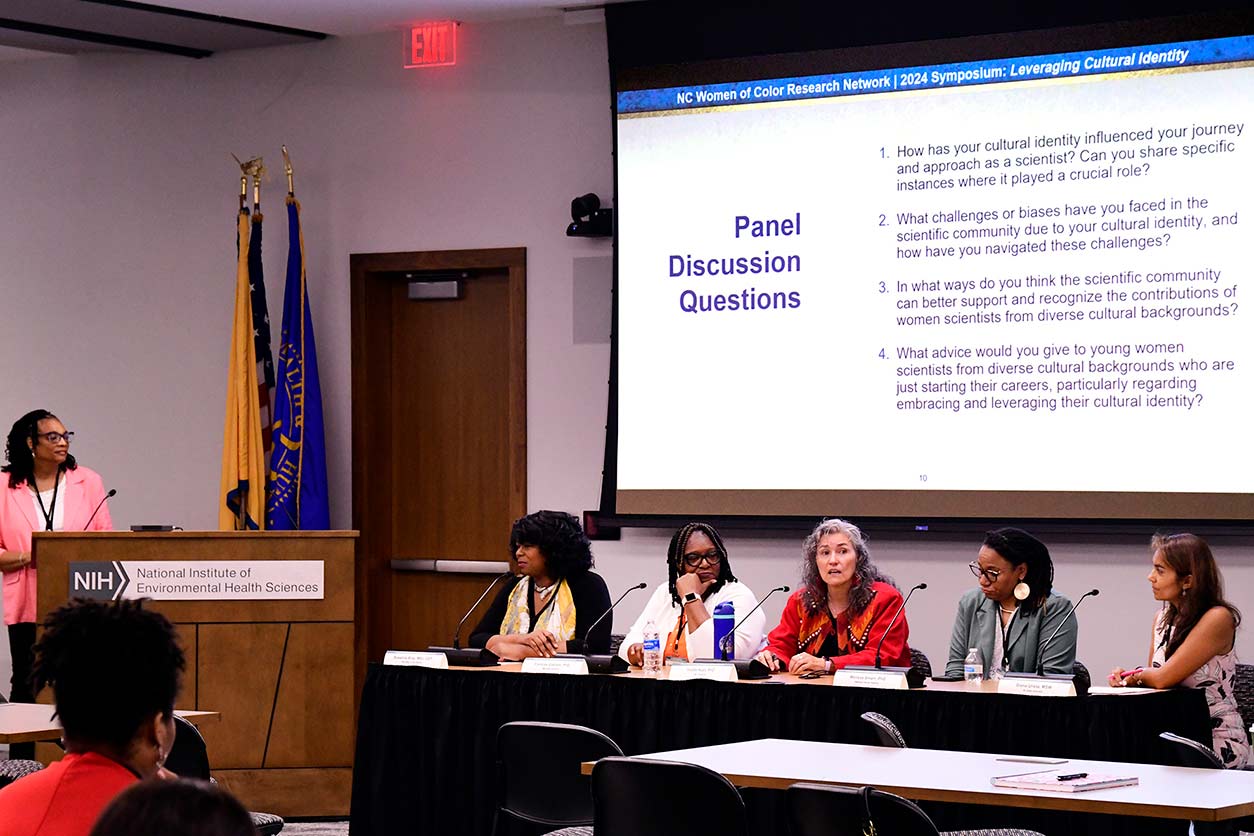 NC WoCRN panelists, left to right: Angela King-Herbert, D.V.M., NIEHS; Rosalina Bray; Frances Graham, Ph.D., Maryville University; Melissa Smarr, Ph.D., and , Diana Urieta, MSW. (Photo courtesy of Steve McCaw/ NIEHS)