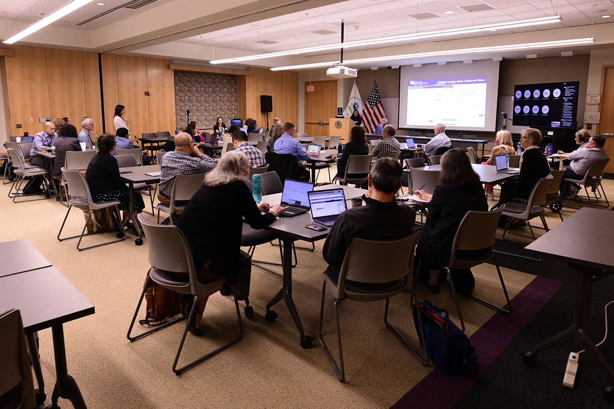 Attendees at the workshop looking at the projector screen