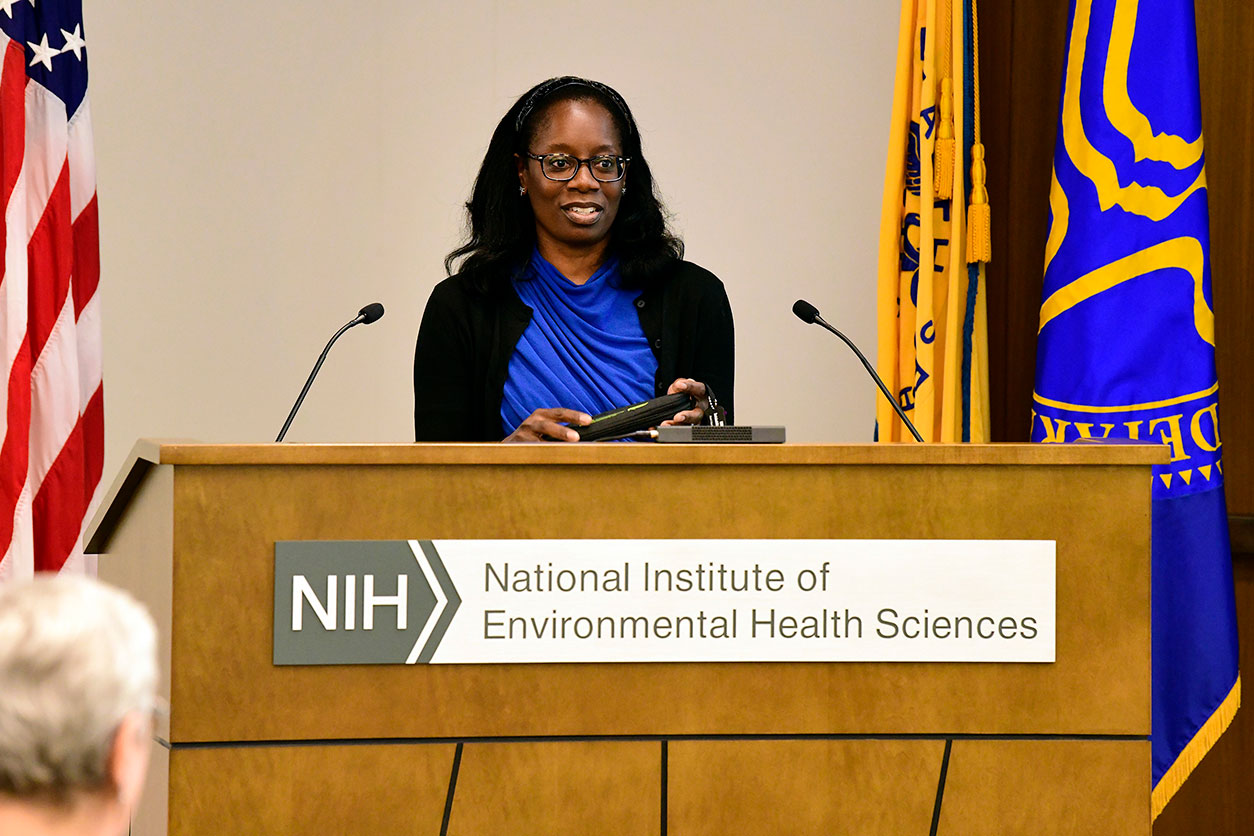 J'ingrid Mathis talking at NIEHS podium