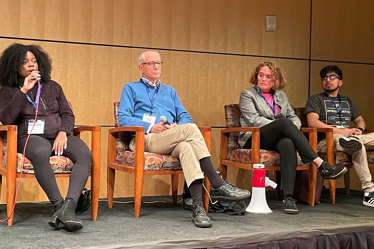 From left to right, Shashawnda Campbell from SBCLT, NIEHS Director Rick Woychik, Ph.D., Leslie Gillespie-Marthaler, Ph.D., from the U.S. Environmental Protection Agency, and Carlos Sanchez from SBCLT