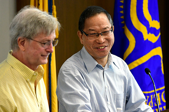 Genomics Day organizer Kevin Gerrish, Ph.D., left, and Jason Li, Ph.D., director of the Integrative Bioinformatics Support Group