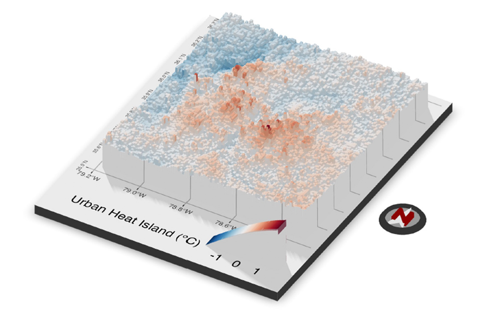 This 1-kilometer resolution map of the urban heat island is obtained through a spatiotemporal Bayesian model (SAMBA) fed by air temperature measurements from Weather Underground citizen weather stations (July 2021 average).