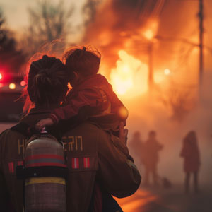 firetruck, civilians and firemen watching fire