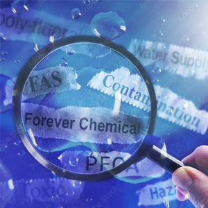 PFAS Forever Chemicals water and newspaper headlines with magnifying glass 