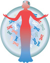 illustration of woman standing in front of chromosomes