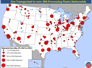 map showing the distribution of asbestos contaminated vermiculite to processing plants